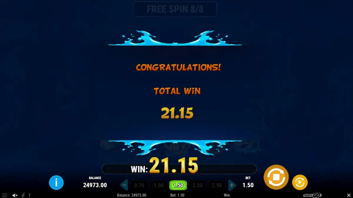 Tiga hiu predator dalam latar belakang laut dalam yang gelap dan misterius pada slot Megadon Triple Threat.